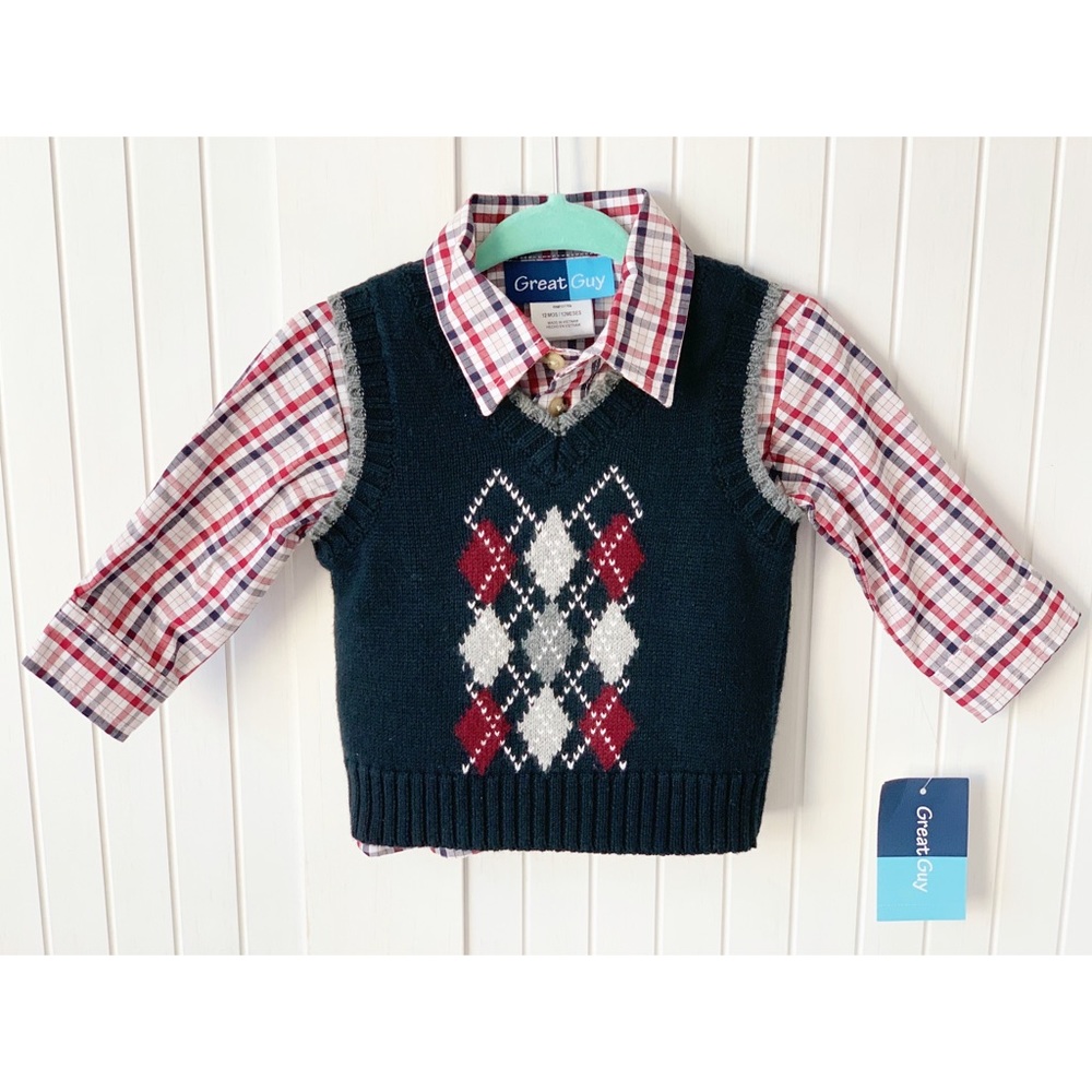 NWT Argyle Sweater Vest and Plaid Button Down Set